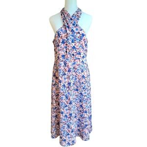 BCBG Paris Large 12 - 14 Halter Midi Dress Crossover Neckline Pink Floral NEW
